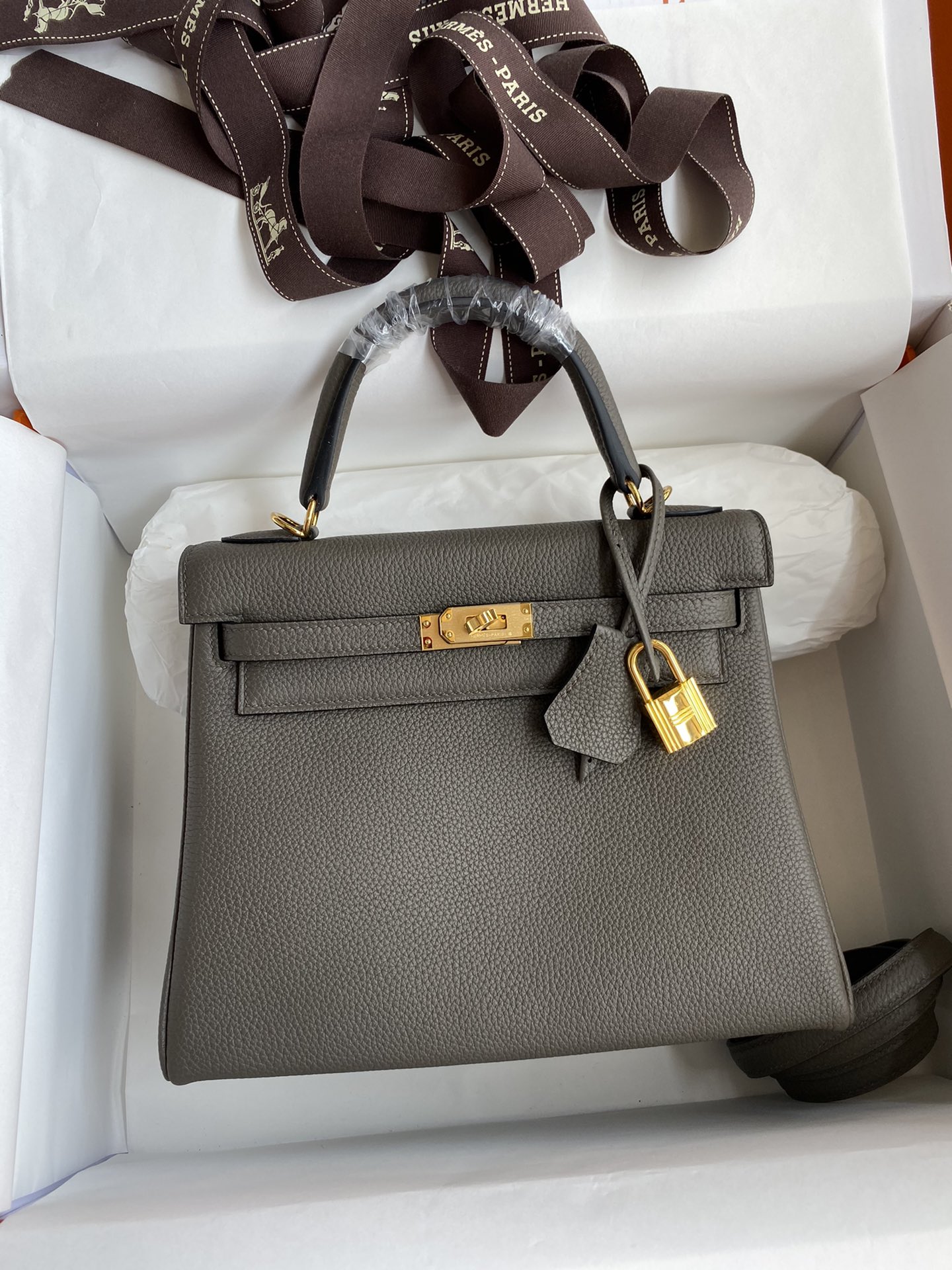 Hermes Kelly 28cm Handbag Shoulder Bag in Dark Grey Togo Leather